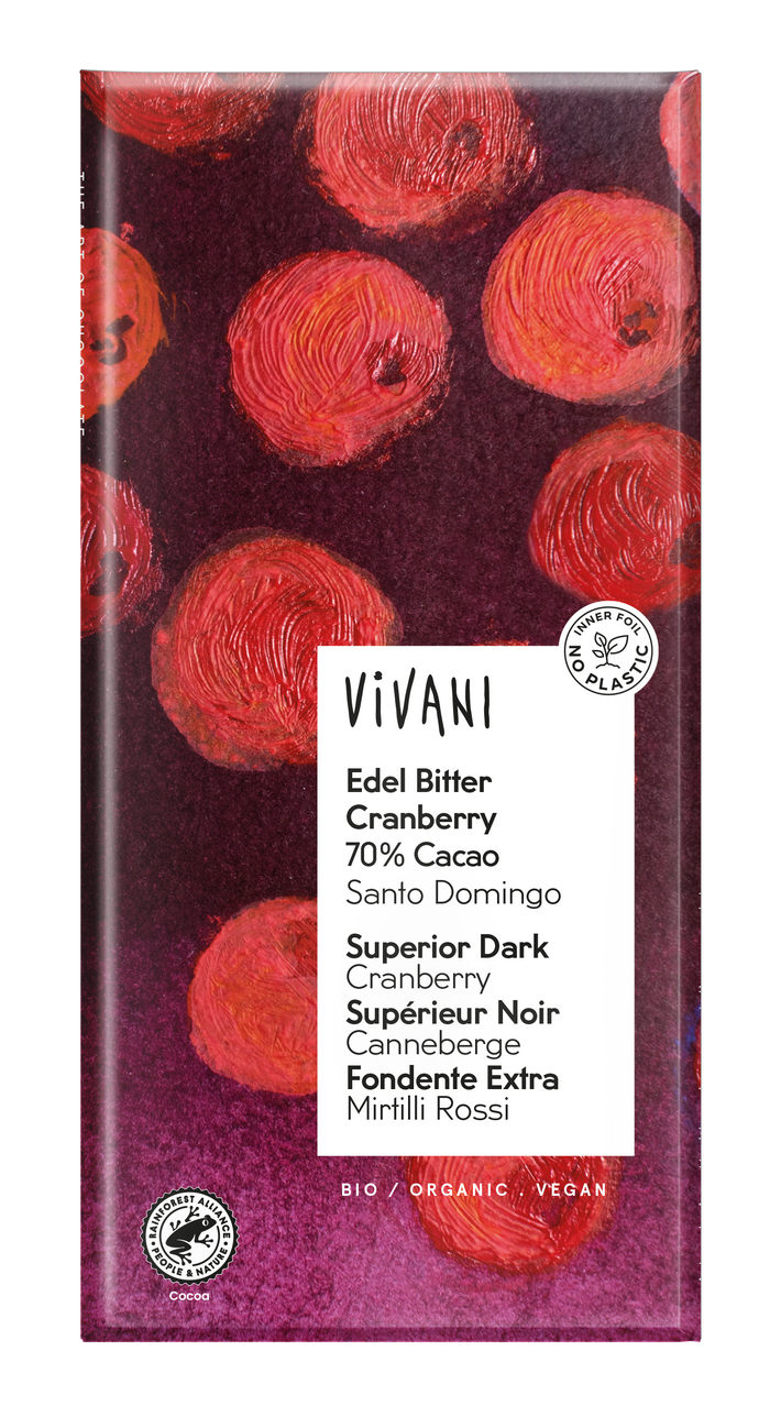 Vivani Superior Dark Chocolate & Cranberry Bar 10 x 100g