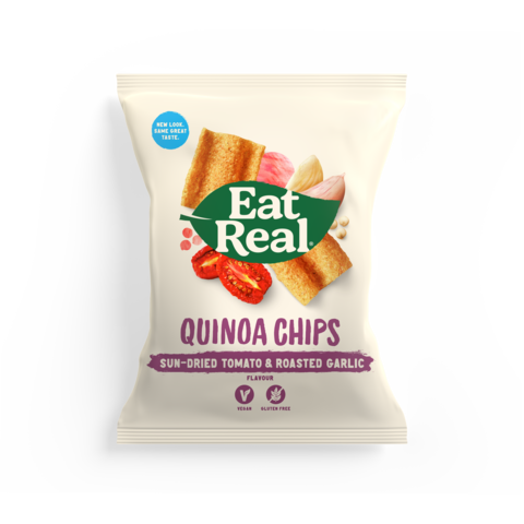 Essen Sie echte gesundete Tomaten- und Knoblauchquinoa -Chips 12 x 30g