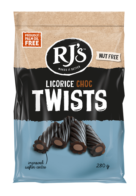 RJ's Soft Eating Liquorice Choc Twists 12 x 280g